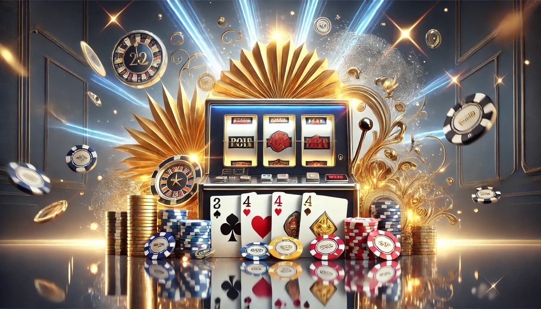 DALL·E 2024-12-25 16.20.18 - A photorealistic composition of a casino-themed scene featuring a slot machine with golden and silver accents in the center, surrounded by poker chips.webp